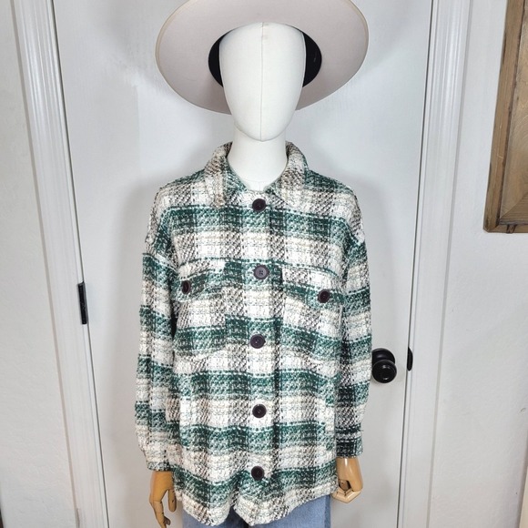 ZARA Italian Fabric Plaid Flannel Jacket Button Up Shacket Green Check M - Picture 1 of 8